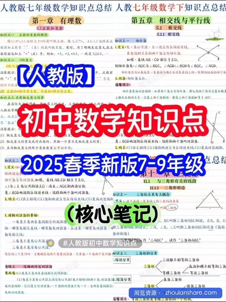 初中数学核心知识点总结人教版七-九年级初核心笔记梳理手册